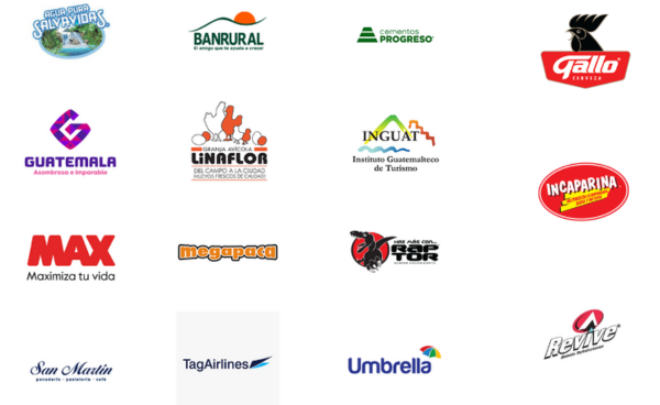 Logotipos de marcas patrocinadoras, incluyendo Salvavidas, Banrural, Cementos Progreso, Gallo, Guatemala, Linaflor, INGUAT, Incaparina, MAX, Megapaca, TOR, San Martín, TagAirlines, Umbrella y Revive.